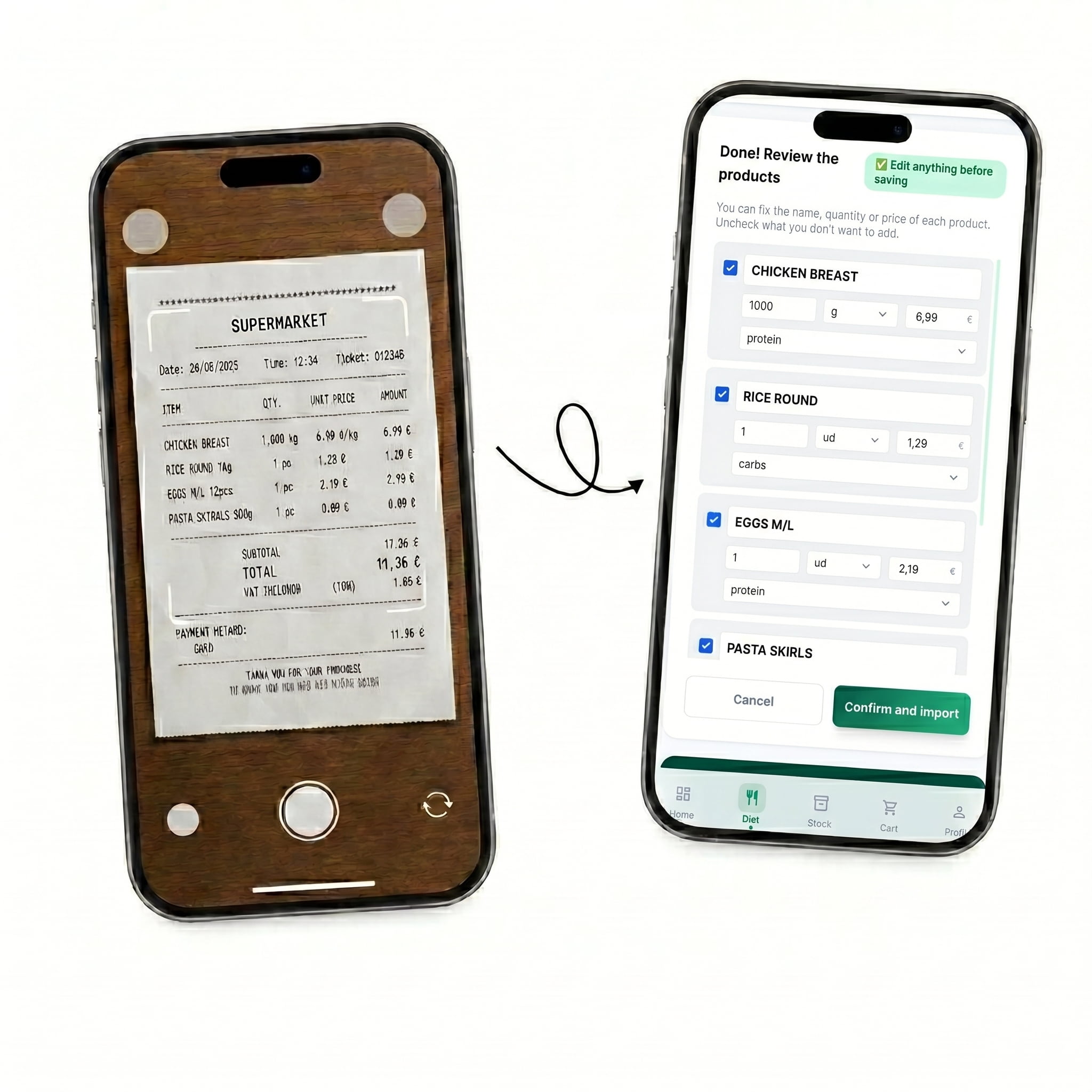 Snap your grocery receipt and SyncDiet extracts every product into your pantry